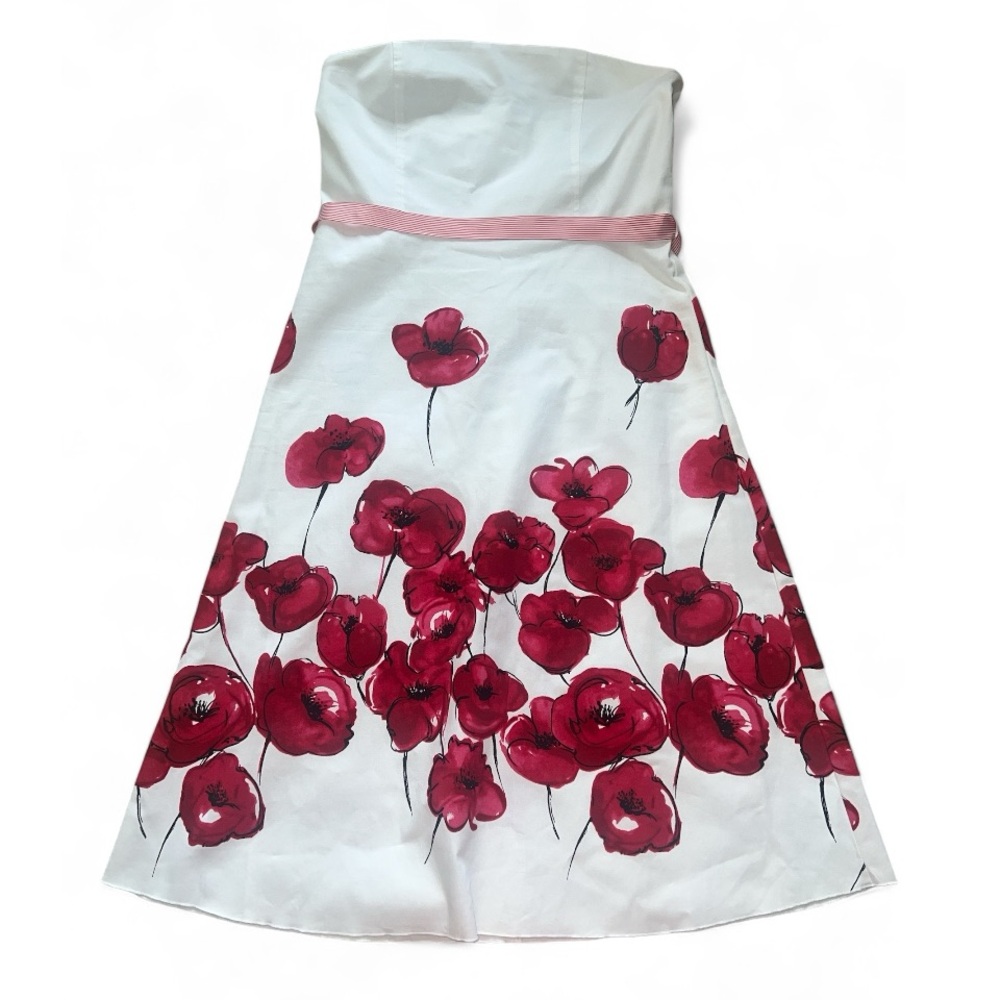 Miss Me Strapless White Dress, Red Flowers - Large